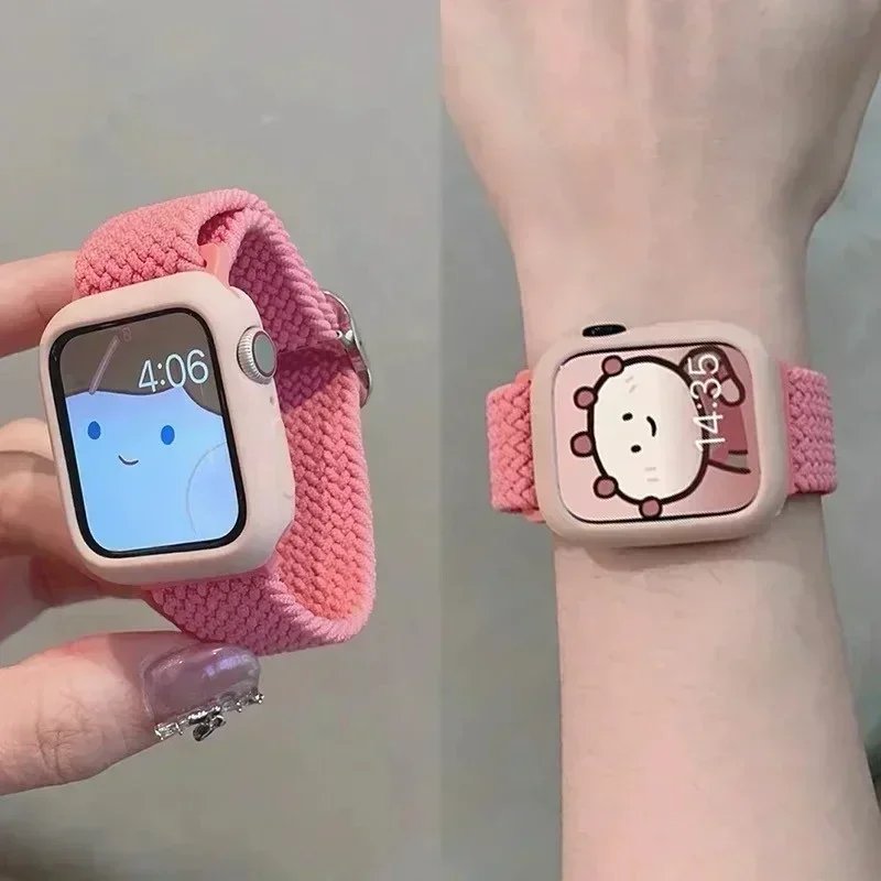 Korean Cute Braied Strap + Case For Apple Watch Band 49mm 46mm 41 45 44 38 42 Nylon Bracelet For iWatch Series 10 9 8 7 6 5 4 SE