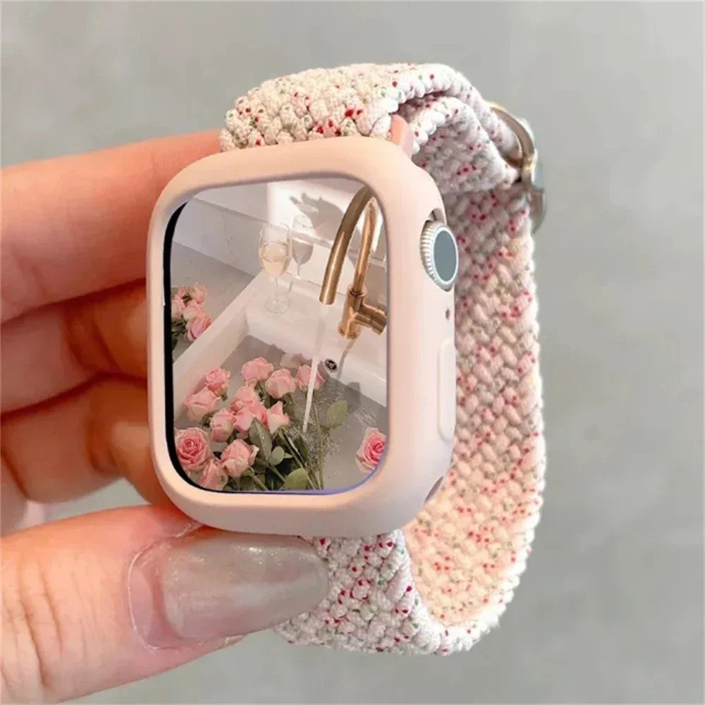 Korean Cute Braied Strap + Case For Apple Watch Band 49mm 46mm 41 45 44 38 42 Nylon Bracelet For iWatch Series 10 9 8 7 6 5 4 SE