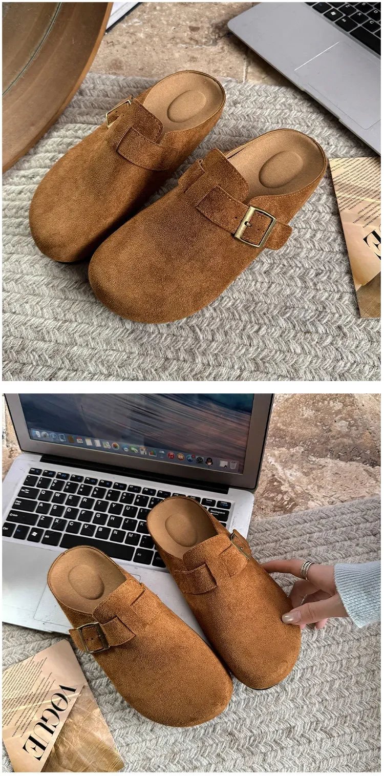 Large Size Roman Style Flat Bottom Sandals Women's Spring Summer Slip-On Shoes with Belt Buckle Velvet Material Leisure Footwear