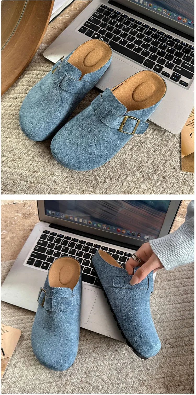 Large Size Roman Style Flat Bottom Sandals Women's Spring Summer Slip-On Shoes with Belt Buckle Velvet Material Leisure Footwear