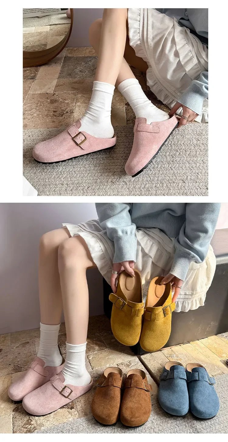 Large Size Roman Style Flat Bottom Sandals Women's Spring Summer Slip-On Shoes with Belt Buckle Velvet Material Leisure Footwear