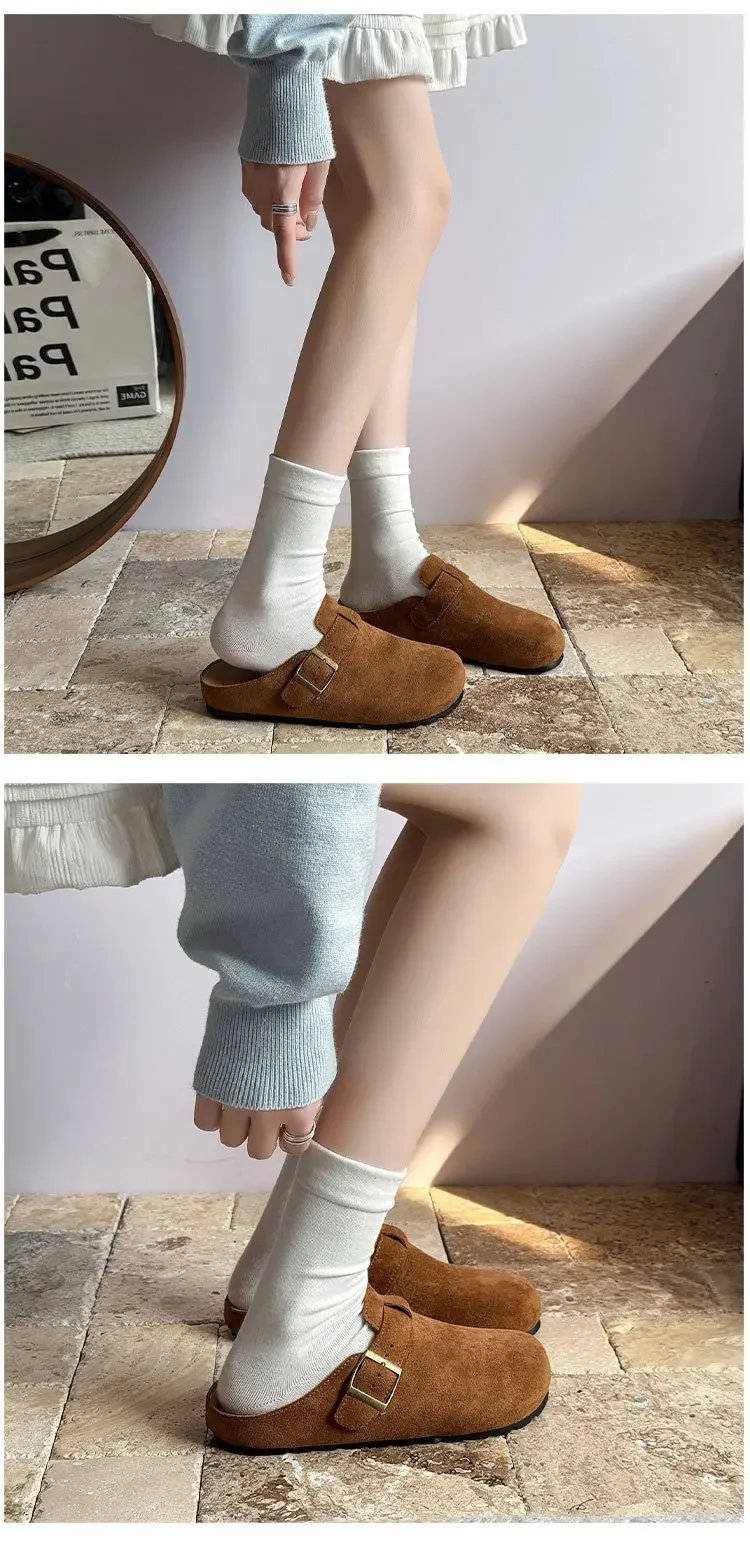 Large Size Roman Style Flat Bottom Sandals Women's Spring Summer Slip-On Shoes with Belt Buckle Velvet Material Leisure Footwear