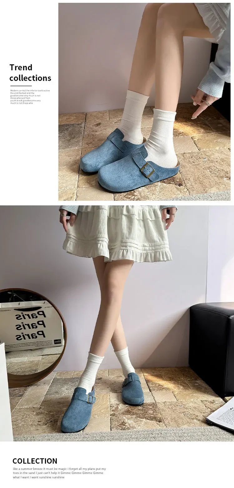 Large Size Roman Style Flat Bottom Sandals Women's Spring Summer Slip-On Shoes with Belt Buckle Velvet Material Leisure Footwear
