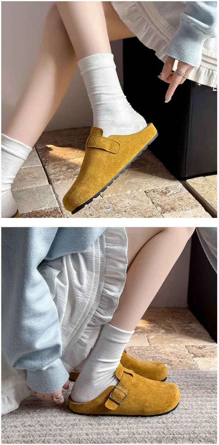 Large Size Roman Style Flat Bottom Sandals Women's Spring Summer Slip-On Shoes with Belt Buckle Velvet Material Leisure Footwear