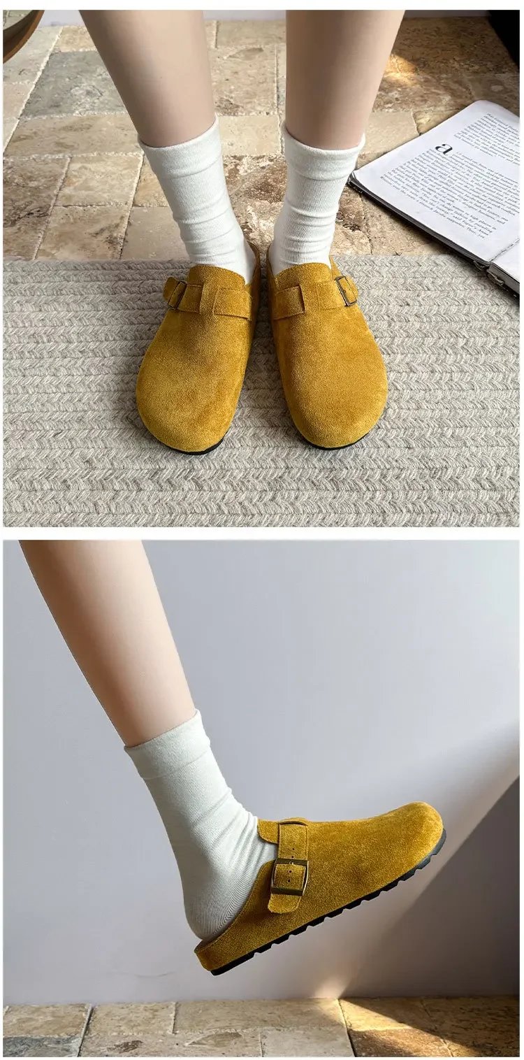 Large Size Roman Style Flat Bottom Sandals Women's Spring Summer Slip-On Shoes with Belt Buckle Velvet Material Leisure Footwear