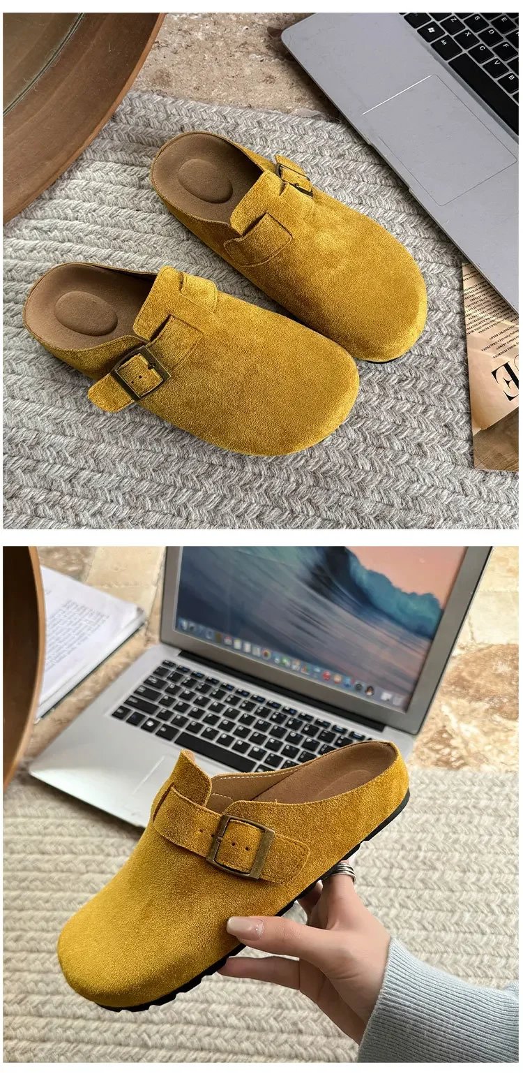 Large Size Roman Style Flat Bottom Sandals Women's Spring Summer Slip-On Shoes with Belt Buckle Velvet Material Leisure Footwear