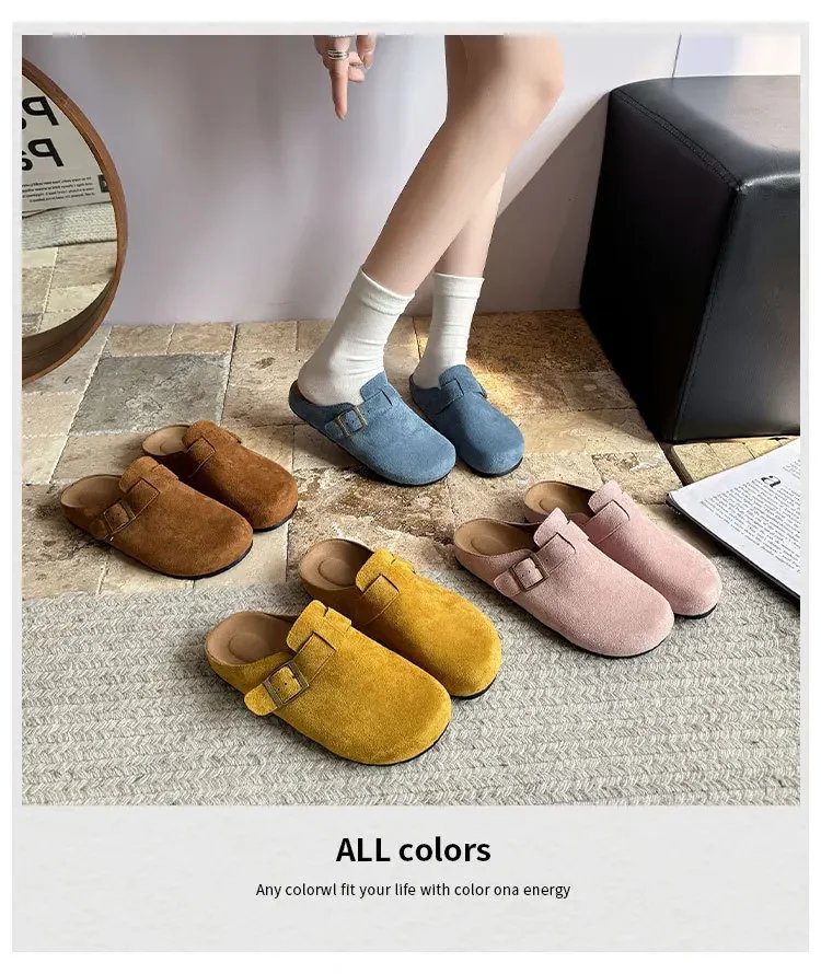 Large Size Roman Style Flat Bottom Sandals Women's Spring Summer Slip-On Shoes with Belt Buckle Velvet Material Leisure Footwear