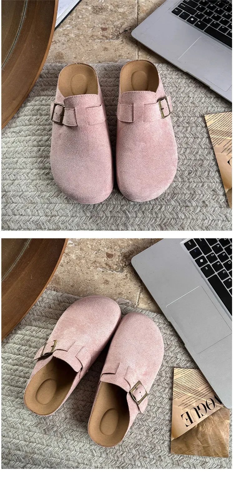 Large Size Roman Style Flat Bottom Sandals Women's Spring Summer Slip-On Shoes with Belt Buckle Velvet Material Leisure Footwear