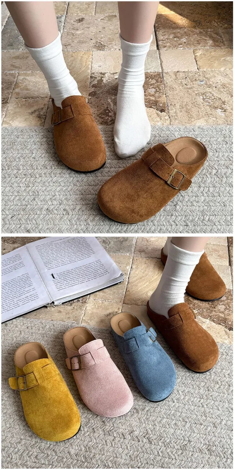 Large Size Roman Style Flat Bottom Sandals Women's Spring Summer Slip-On Shoes with Belt Buckle Velvet Material Leisure Footwear