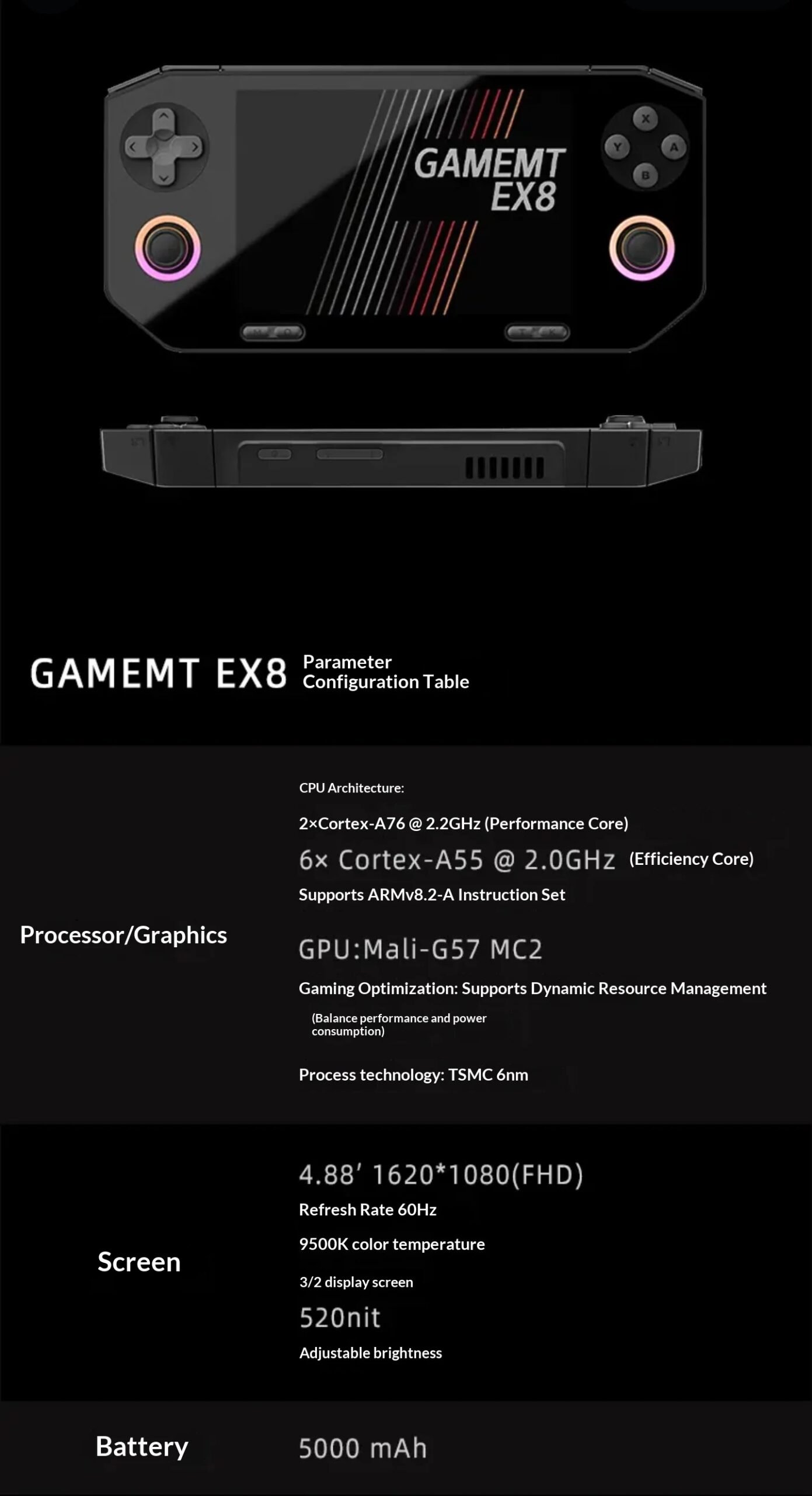 GameMT EX8 Game Console TMR Joystick Open Source 4.88”1620 * 1080 HFD Glass Screen Retro Handheld Game Consoles Portable Gifts