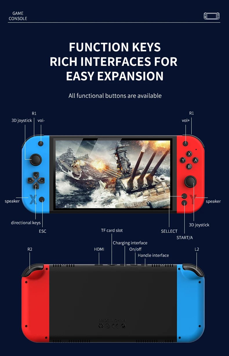 G90 Handhled Video Gaming Console 7 Inch Screen 64GB/128GB Retro TV Game Player Suitable for PSP/PS1 Support 30+ Simulators Gift