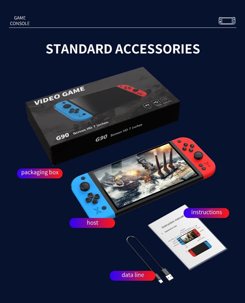 G90 Handhled Video Gaming Console 7 Inch Screen 64GB/128GB Retro TV Game Player Suitable for PSP/PS1 Support 30+ Simulators Gift