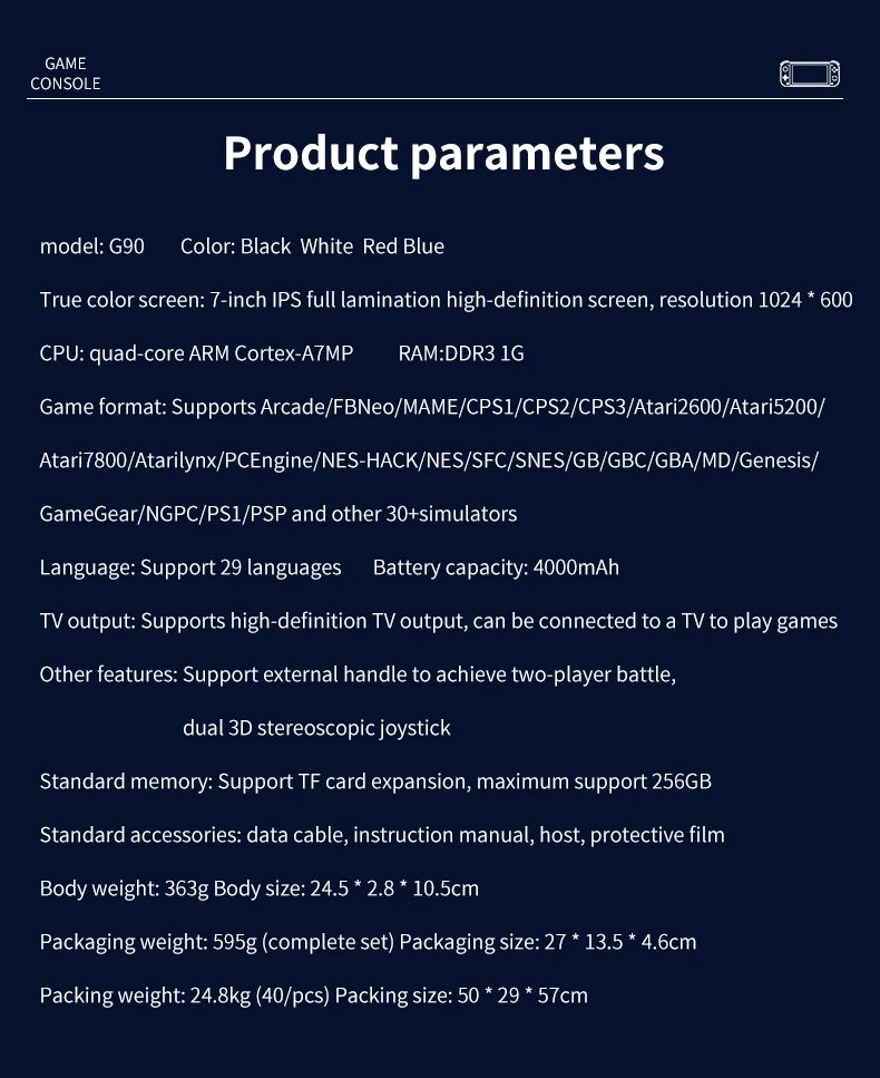 G90 Handhled Video Gaming Console 7 Inch Screen 64GB/128GB Retro TV Game Player Suitable for PSP/PS1 Support 30+ Simulators Gift