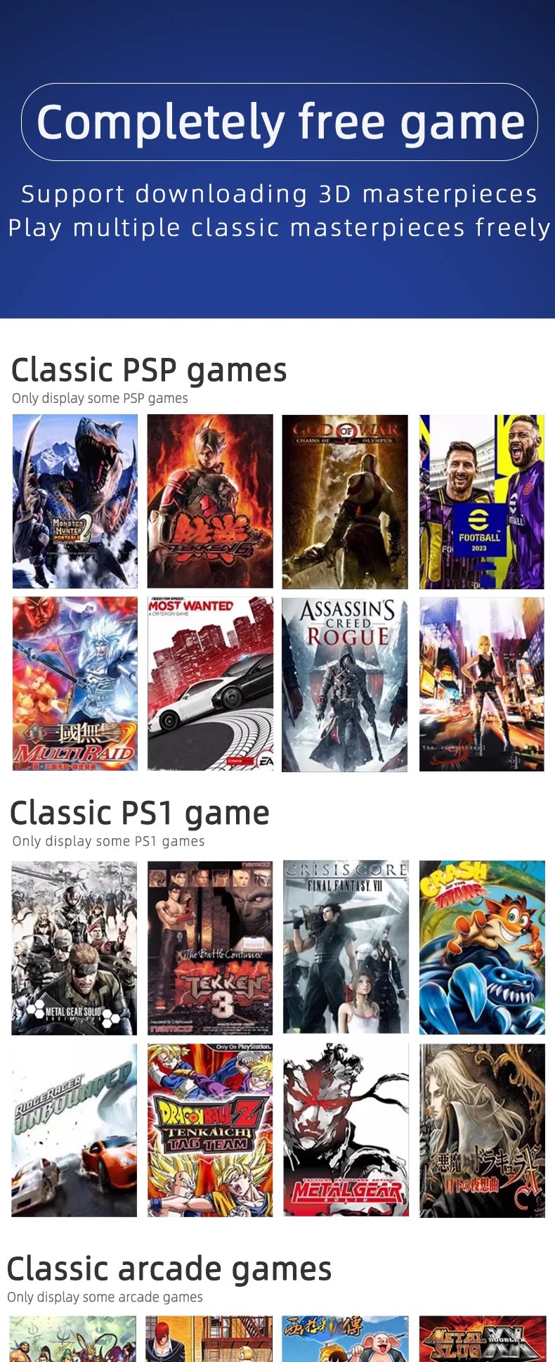 Portable video game console, 256GB storage, 7-inch IPS screen, supports PS1 and CPS2 retro games, compatible with 30+ emulators.