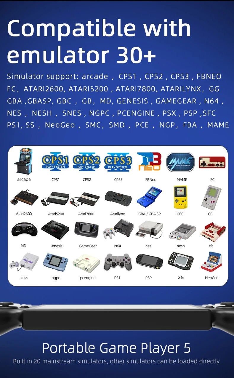 Portable video game console, 256GB storage, 7-inch IPS screen, supports PS1 and CPS2 retro games, compatible with 30+ emulators.