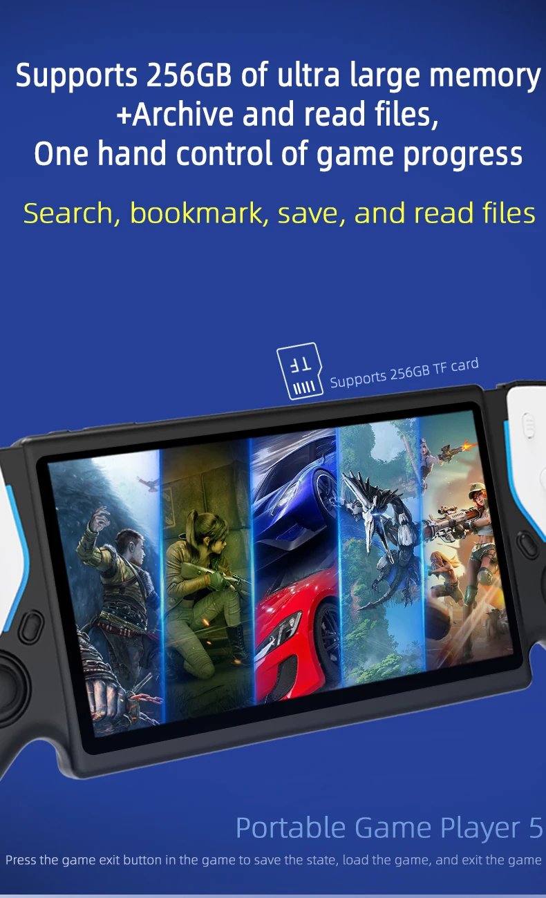 Portable video game console, 256GB storage, 7-inch IPS screen, supports PS1 and CPS2 retro games, compatible with 30+ emulators.