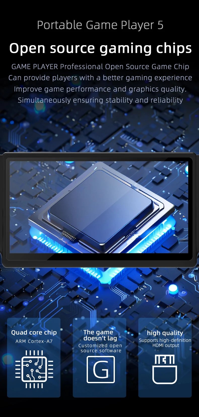 Portable video game console, 256GB storage, 7-inch IPS screen, supports PS1 and CPS2 retro games, compatible with 30+ emulators.