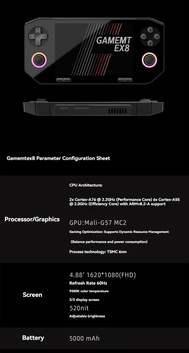 2026 new GameMT EX8 Android Handheld Game Console 4.88 Inch 1080P HD Touchscreen 6GB 128GB 5000mAh Battery Game Console