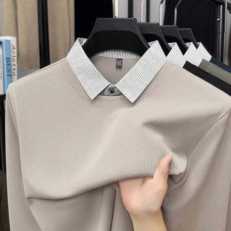 2025 New Men's Fake Two Piece Polo Shirt Casual Fashion Long Sleeve Collar T-shirt Versatile Top