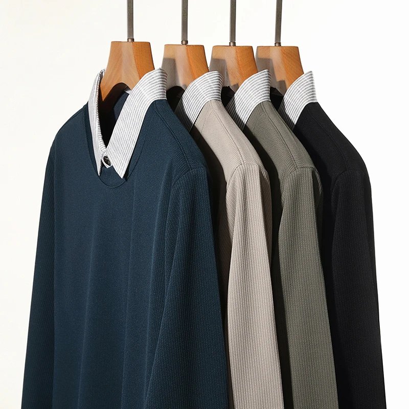 2025 New Men's Fake Two Piece Polo Shirt Casual Fashion Long Sleeve Collar T-shirt Versatile Top