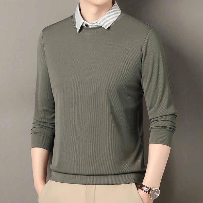 2025 New Men's Fake Two Piece Polo Shirt Casual Fashion Long Sleeve Collar T-shirt Versatile Top
