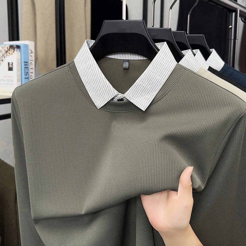 2025 New Men's Fake Two Piece Polo Shirt Casual Fashion Long Sleeve Collar T-shirt Versatile Top