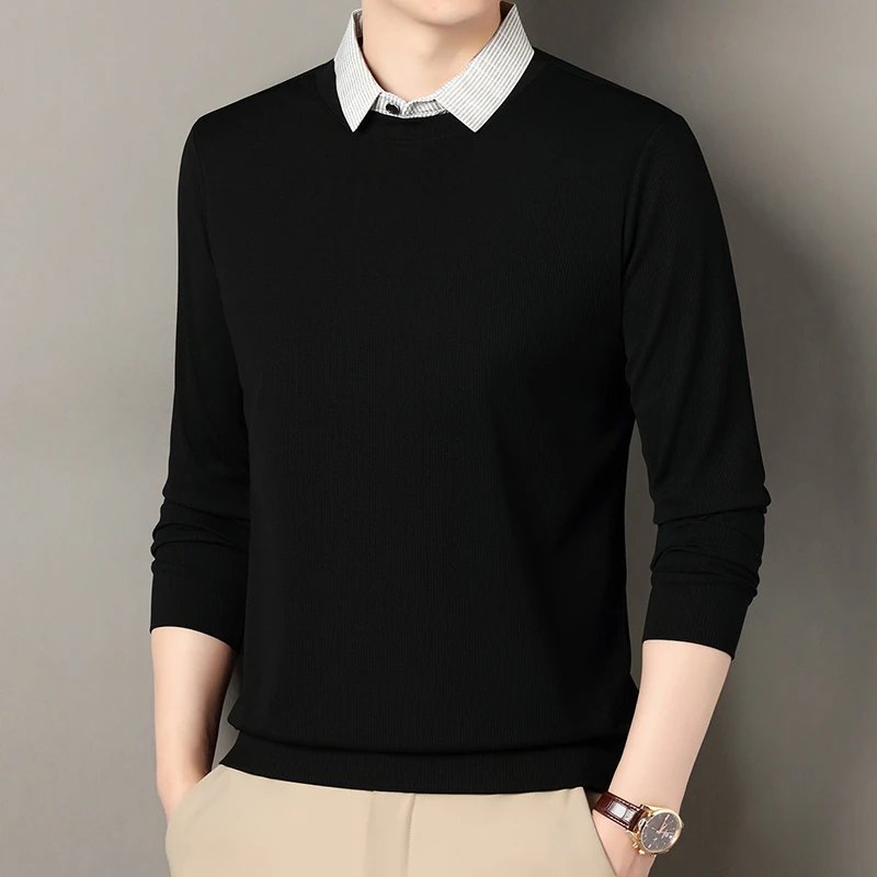 2025 New Men's Fake Two Piece Polo Shirt Casual Fashion Long Sleeve Collar T-shirt Versatile Top