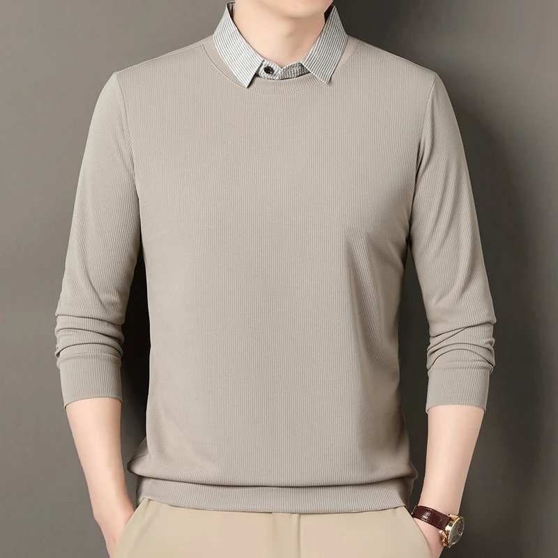 2025 New Men's Fake Two Piece Polo Shirt Casual Fashion Long Sleeve Collar T-shirt Versatile Top