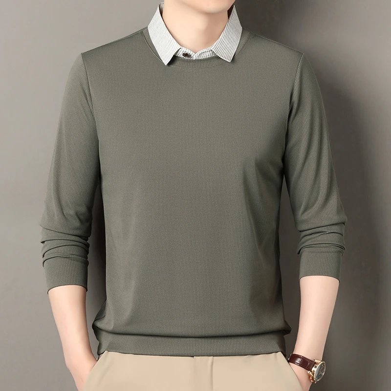 2025 New Men's Fake Two Piece Polo Shirt Casual Fashion Long Sleeve Collar T-shirt Versatile Top