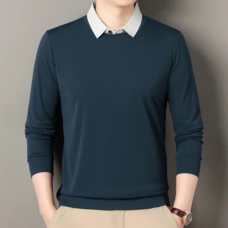 2025 New Men's Fake Two Piece Polo Shirt Casual Fashion Long Sleeve Collar T-shirt Versatile Top