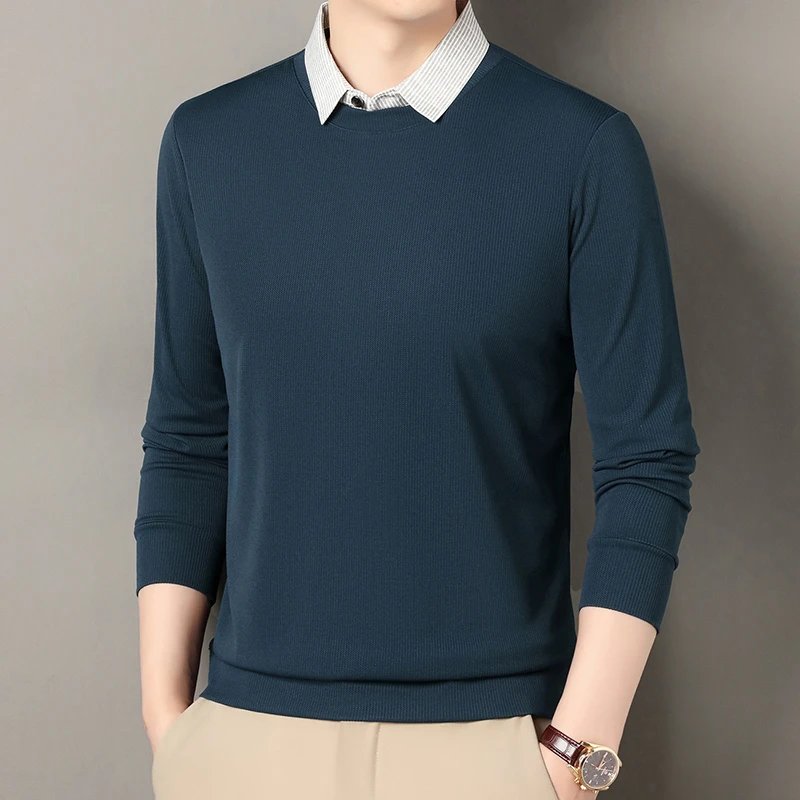 2025 New Men's Fake Two Piece Polo Shirt Casual Fashion Long Sleeve Collar T-shirt Versatile Top