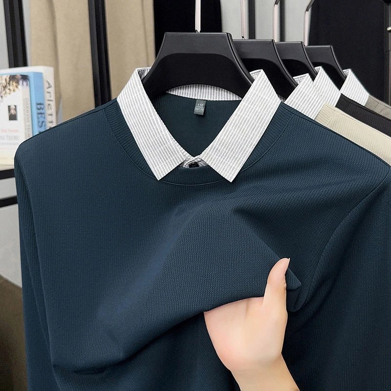 2025 New Men's Fake Two Piece Polo Shirt Casual Fashion Long Sleeve Collar T-shirt Versatile Top