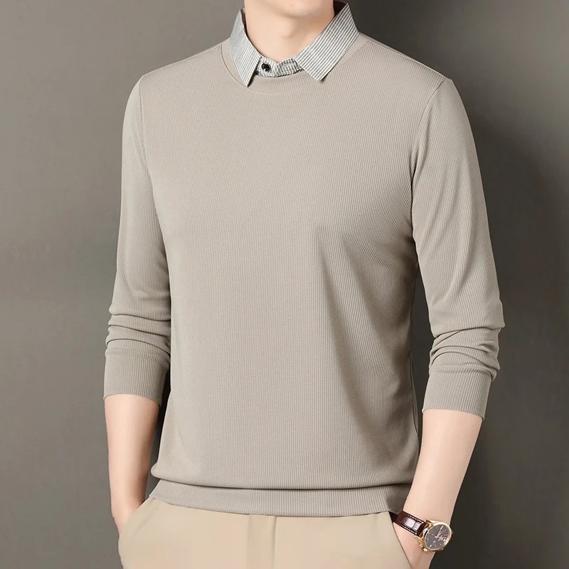 2025 New Men's Fake Two Piece Polo Shirt Casual Fashion Long Sleeve Collar T-shirt Versatile Top