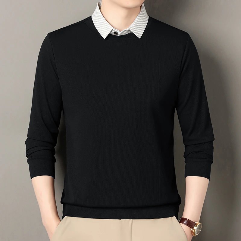 2025 New Men's Fake Two Piece Polo Shirt Casual Fashion Long Sleeve Collar T-shirt Versatile Top