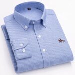 S-6XL Casual Pure Cotton Oxford Mens Shirts Long Sleeve Embroidery Horse Design Regular Fit Fashion Button Man White Dress Shirt - Image 2