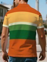 Men's Short Sleeved Polo Shirt Casual 3D Printed Golf Shirt, Orange Green Striped Clover Pattern, Sporty Style - Image 2