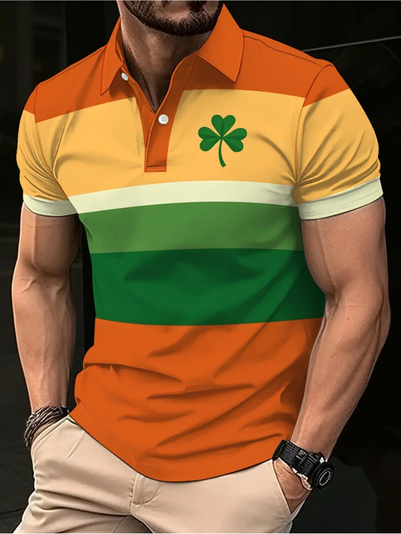 Men's Short Sleeved Polo Shirt Casual 3D Printed Golf Shirt, Orange Green Striped Clover Pattern, Sporty Style Men's Short Sleeved Polo Shirt Casual 3D Printed Golf Shirt, Orange Green Striped Clover Pattern, Sporty Style