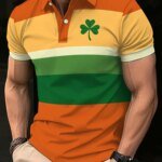 Men's Short Sleeved Polo Shirt Casual 3D Printed Golf Shirt, Orange Green Striped Clover Pattern, Sporty Style
