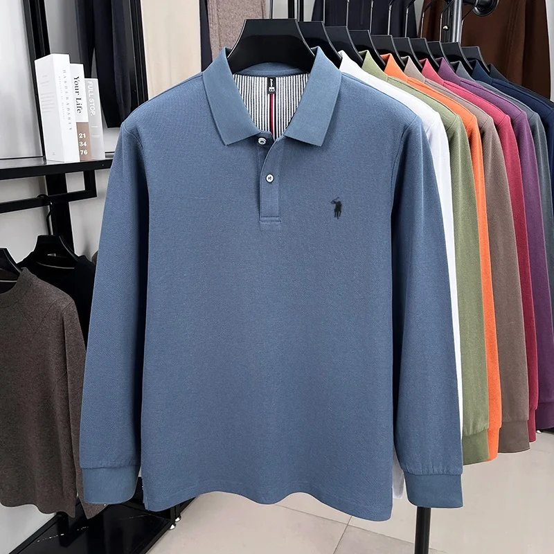 100% pure cotton autumn and winter men's fashion sports brand embroidered pony long sleeved POLO shirt business casual T-shirt