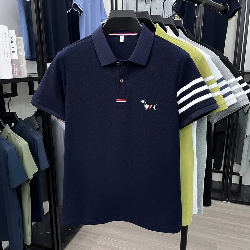 luxury brand men's high quality short sleeves polo shirt lapel embroidery puppy cuff stripe t-shirt business leisure men's wear luxury brand men's high quality short sleeves polo shirt lapel embroidery puppy cuff stripe t-shirt business leisure men's wear