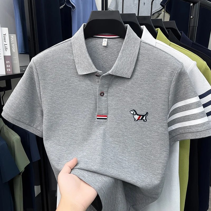 luxury brand men's high quality short sleeves polo shirt lapel embroidery puppy cuff stripe t-shirt business leisure men's wear luxury brand men's high quality short sleeves polo shirt lapel embroidery puppy cuff stripe t-shirt business leisure men's wear