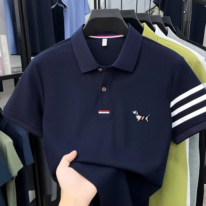 luxury brand men's high quality short sleeves polo shirt lapel embroidery puppy cuff stripe t-shirt business leisure men's wear luxury brand men's high quality short sleeves polo shirt lapel embroidery puppy cuff stripe t-shirt business leisure men's wear