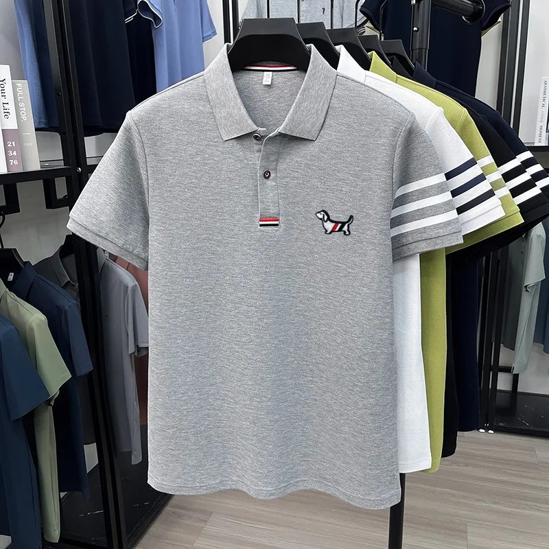luxury brand men's high quality short sleeves polo shirt lapel embroidery puppy cuff stripe t-shirt business leisure men's wear luxury brand men's high quality short sleeves polo shirt lapel embroidery puppy cuff stripe t-shirt business leisure men's wear