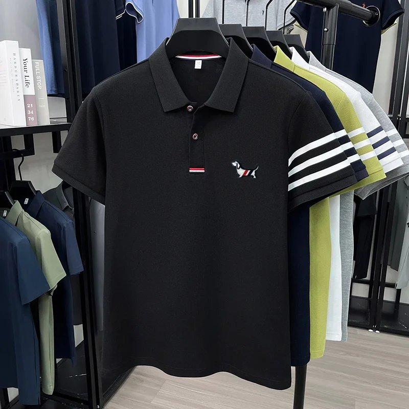 luxury brand men's high quality short sleeves polo shirt lapel embroidery puppy cuff stripe t-shirt business leisure men's wear luxury brand men's high quality short sleeves polo shirt lapel embroidery puppy cuff stripe t-shirt business leisure men's wear