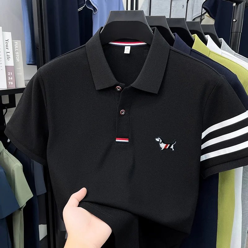 luxury brand men's high quality short sleeves polo shirt lapel embroidery puppy cuff stripe t-shirt business leisure men's wear luxury brand men's high quality short sleeves polo shirt lapel embroidery puppy cuff stripe t-shirt business leisure men's wear