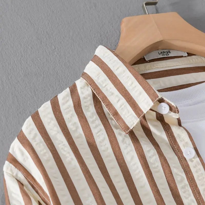 2025 Spring/Summer Men's Square Collar Button Striped Pocket Loose Fashion Casual Versatile Simple Design Long Sleeve Shirt