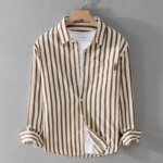 2025 Spring/Summer Men's Square Collar Button Striped Pocket Loose Fashion Casual Versatile Simple Design Long Sleeve Shirt