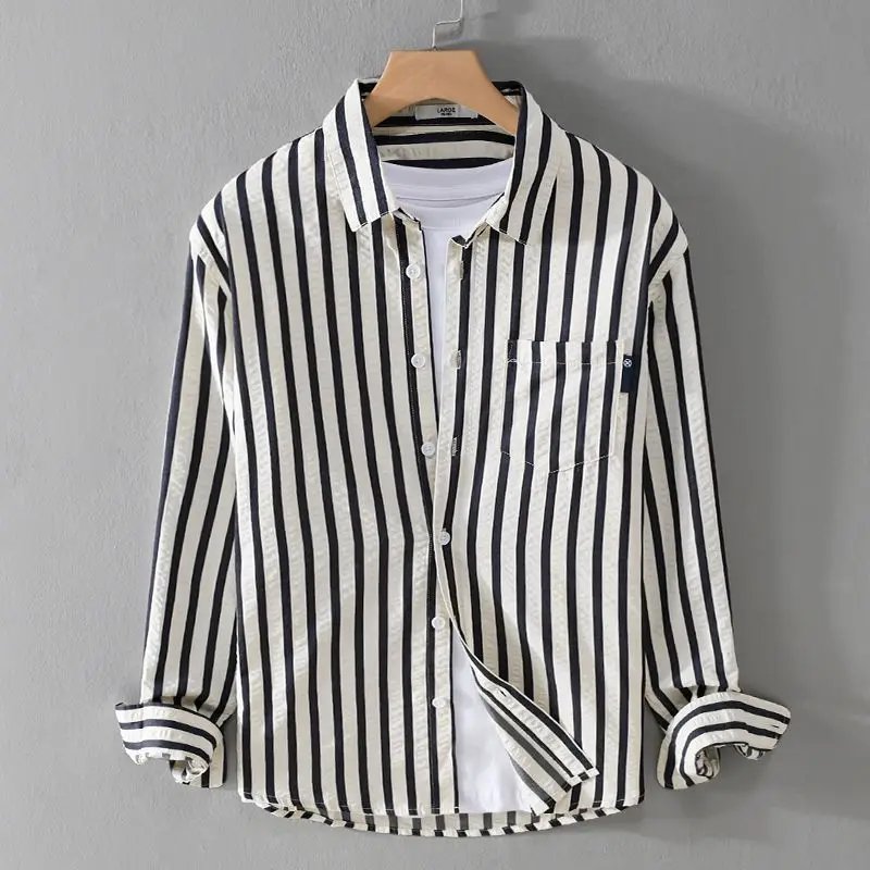 2025 Spring/Summer Men's Square Collar Button Striped Pocket Loose Fashion Casual Versatile Simple Design Long Sleeve Shirt