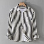 2025 Spring/Summer Men's Square Collar Button Striped Pocket Loose Fashion Casual Versatile Simple Design Long Sleeve Shirt - Image 2