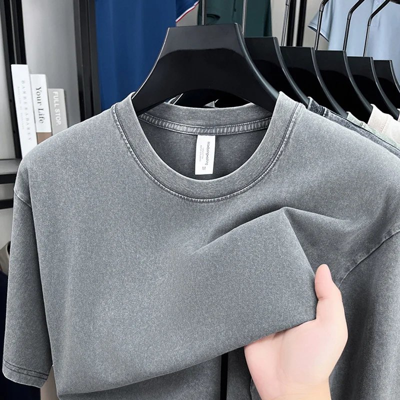 American Style Retro Heavyweight Solid Color Short Sleeved T-shirt Men Women Summer Street Trendy Washed Old Oversized Clothes